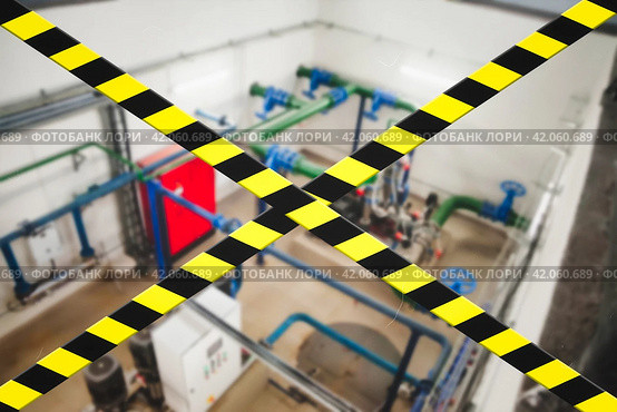 Unsafe closed industry room from barrier cross types, do not enter, danger zone. Barrier warning black yellow lines on industrial area inside. Production shutdown concept, no open. Copy ad text space. Стоковая иллюстрация, иллюстратор Aleksandr Golubev / Фотобанк Лори