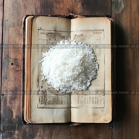 Unusual composition: an old book with yellowed pages, open on a wooden surface. In the center of the open pages lies a neat pile of white raw rice. The pages of the book contain illegible drawings or engravings, possibly of an architectural or anatomical nature. The contrast between ancient knowledge and the symbol of simplicity and survival - rice - creates a deep visual and philosophical image. Стоковое AI-изображение, AI-художник Анна Кривицкая / Фотобанк Лори