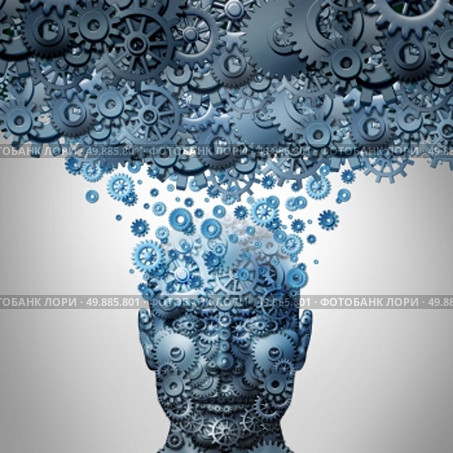 Upload your mind or uploading your brain concept as a human head made of mechanized gear and cog wheels being uploaded to a machine cloud server as an artificial intelligence symbol or neuroscience technology. Стоковое фото, агентство Ingram Publishing / Фотобанк Лори
