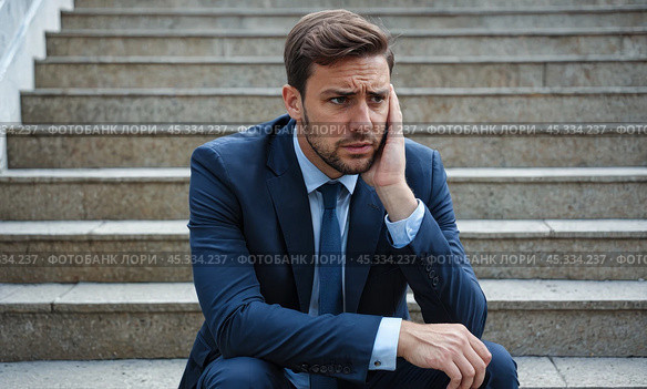 Upset and worried businessman sitting on stairs after being laid off from job or bankruptcy. looks stressed having problems at work, business failure, project loss. Стоковое AI-изображение, AI-художник Павел Муравьев / Фотобанк Лори