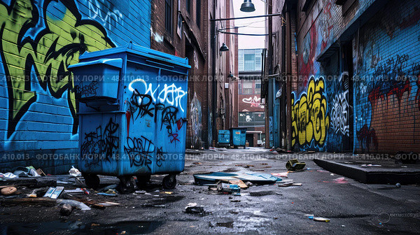 urban blue dumpster ai generated. Стоковое AI-изображение, AI-художник Vectorwin / Фотобанк Лори