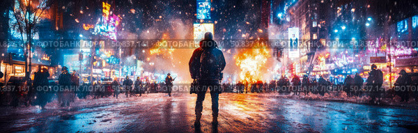Urban Nightscape: A lone figure stands amidst snow, neon glow, and distant unrest. Стоковое AI-изображение, AI-художник Данила Большаков / Фотобанк Лори