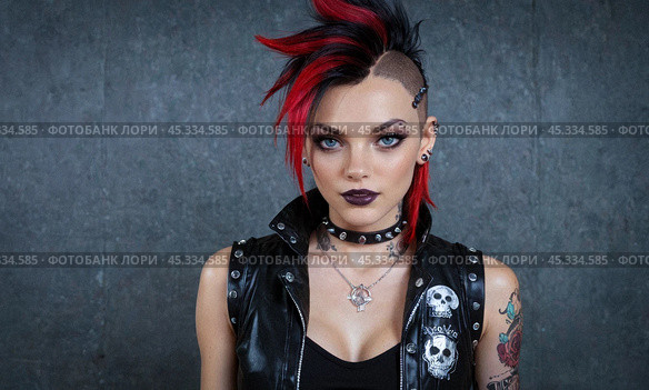 Urban Punk Fashion, Young woman with red and black hair, studded choker, and sleeveless top. Represents rebellious subculture style. Стоковое AI-изображение, AI-художник Павел Муравьев / Фотобанк Лори