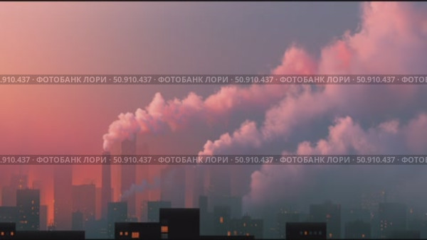 Urban skyline emits colorful smoke at sunset, showcasing city life and pollution in vivid detail. Стоковое AI-видео, аниматор Сергей Толмачёв / Фотобанк Лори