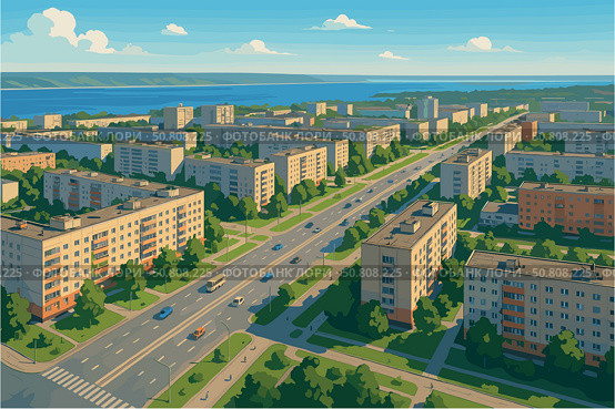 Urban view of Tolyatti with Soviet-style boulevards and river backdrop. Стоковое AI-изображение, AI-художник Максим Гребешков / Фотобанк Лори