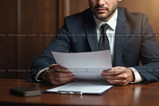 Юрист изучает юридические документы / A lawyer studies legal documents. Стоковое AI-изображение, AI-художник Валерий Лукин / Фотобанк Лори