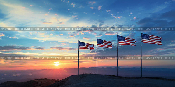 USA flags on a hill during sunset  with a vibrant sky in the background. Стоковое AI-изображение, AI-художник Anastacia Gaikova / Фотобанк Лори