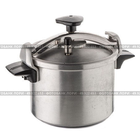 Used pressure cooker for cooking over white background. Стоковое фото, агентство Ingram Publishing / Фотобанк Лори
