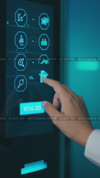 User Interacting with a High-Tech Interface: Selecting Options on a Digital Screen Display with Interactive Buttons and Visual Feedback. Стоковое AI-видео, аниматор Владимир Федоров / Фотобанк Лори