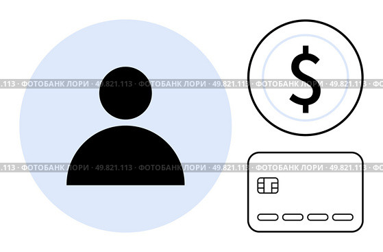User profile icon, credit card with chip, and dollar sign circled. Ideal for online payments, financial identity, banking, e-commerce, secure transactions digital wallets and payment systems. Line. User profile, credit card, and dollar sign representing online payments and financial identity. Стоковая иллюстрация, агентство Ingram Publishing / Фотобанк Лори