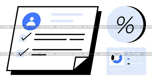 User profile with checkboxes, percentage icon, and pie chart. Ideal for UX UI design, data presentation, user engagement, analytics, report generation, project management. Line metaphor. User profile data and analytics elements with checkboxes, pie chart, and percentage icon representation. Стоковая иллюстрация, агентство Ingram Publishing / Фотобанк Лори