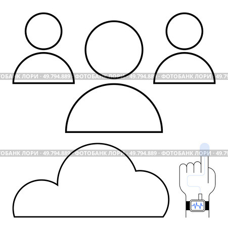 Users connecting through cloud network. Three user icons above a cloud with a smartwatch and a pointing finger. Ideal for networking, cloud computing, teamwork, technology, digital transformation. Cloud-Based Team Collaboration with Wearable Technology Integration. Стоковая иллюстрация, агентство Ingram Publishing / Фотобанк Лори