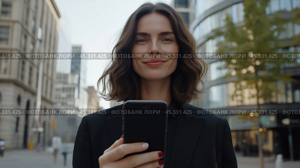 Уверенная деловая женщина использует смартфон в городской среде для цифровых медиа и общения. Стоковое AI-изображение, AI-художник ФотоИнтеллект / Фотобанк Лори
