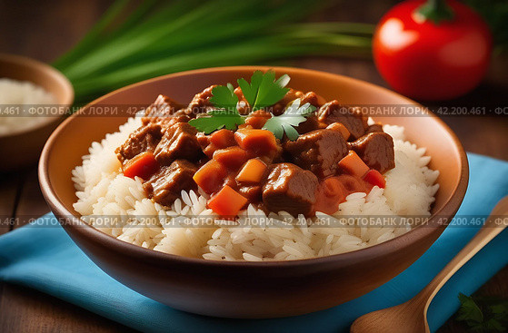 Ужин на даче. Рис с тушеным мясом и овощами в глубокой миске на деревянном столе. Свежий зеленый лук и помидоры на заднем плане. Стоковое AI-изображение, AI-художник Ирина / Фотобанк Лори