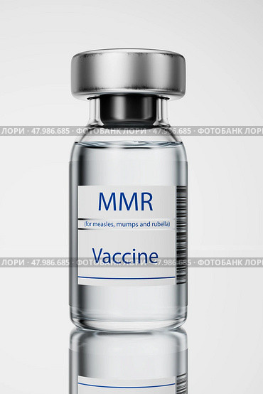 Vaccination for revaccination against measles, mumps and rubella. Medicine and healthcare concept. MMR campaign. Doctor with a vial of measles, mumps and rubella vaccine doses. 3d render. Стоковая иллюстрация, иллюстратор Alexander / Фотобанк Лори
