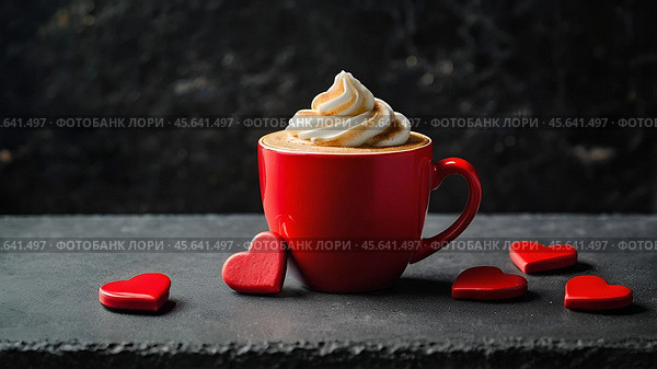 Valentine's Day concept for cafes and restaurants. Red latte coffee cups with hearts around. Hot drinks for lovers. Стоковое AI-изображение, AI-художник Photojuli / Фотобанк Лори