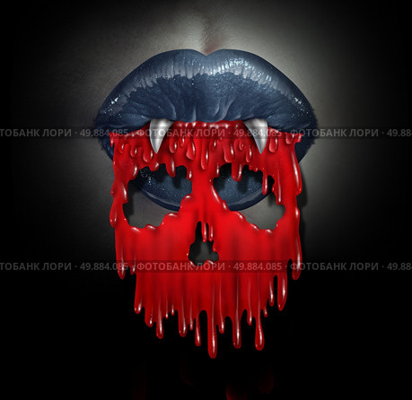 Vampire blood concept as a horror symbol of  bloodthirsty demon lips spilling red liquid shaped as a skull of death as a metaphor for horror and evil during Halloween. Стоковое фото, агентство Ingram Publishing / Фотобанк Лори