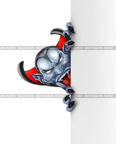 Vampire lurking behind a vertical blank white sign as an angry creepy zombie hiding and peeping behind a billboard as a spooky halloween message concept in a 3D illustration style. Стоковое фото, агентство Ingram Publishing / Фотобанк Лори
