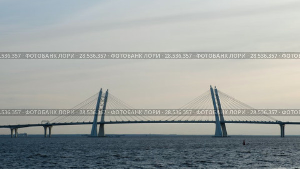 Вантовый мост ЗСД (Западный скоростной диаметр) через Корабельный фарватер. Санкт-Петербург. Россия (2018 год). Стоковое видео, видеограф Ольга Визави / Фотобанк Лори