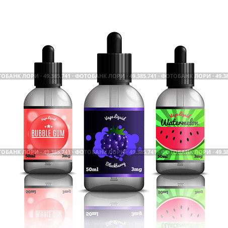 Vaping identity realistic set with isolated images of refill bottles for vape liquids of different flavour vector illustration. Vaping Identity Realistic Set. Стоковая иллюстрация, агентство Ingram Publishing / Фотобанк Лори