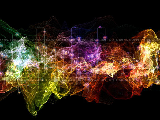 Variegated Oscillation. Optical Flow series. Abstract design made of color lines and lights isolated on black background relevant for technology, design and education. Стоковое фото, агентство Ingram Publishing / Фотобанк Лори