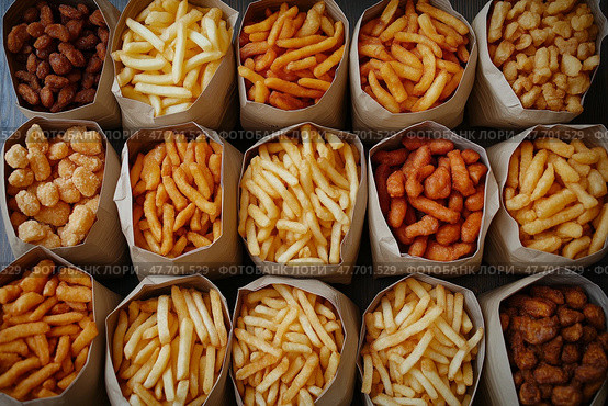 Variety of crispy snacks displayed in paper bags on a table. Разнообразные хрустящие снеки в бумажных пакетах на столе. Стоковое AI-изображение, AI-художник Katsiaryna Repich / Фотобанк Лори