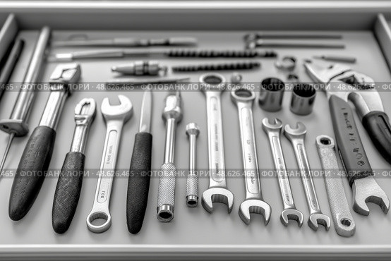 Variety of hand tools and accessories arranged on a workbench surface. Разнообразные ручные инструменты и принадлежности, разложенные на поверхности верстака. Стоковое AI-изображение, AI-художник Katsiaryna Repich / Фотобанк Лори