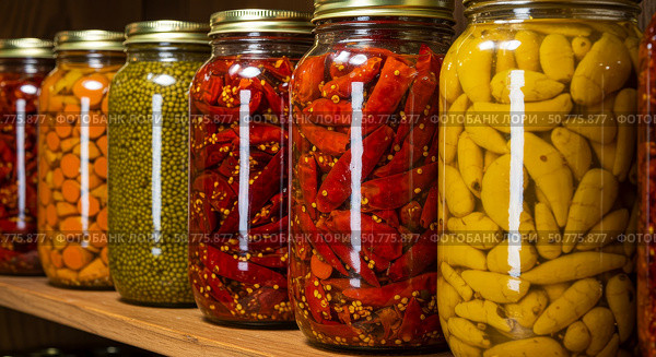 Various colorful jars of preserved vegetables and fruits on a wooden shelf. Home canning and food preservation concept. Healthy eating. Стоковое AI-изображение, AI-художник Анжелика Самсонова / Фотобанк Лори