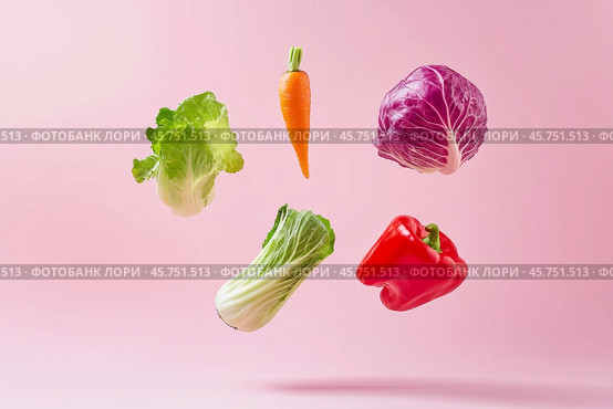 Various colorful vegetables falling at pale pink background. Flying veggie on a plain pastel color backdrop. Healthy food. Detox and dieting concept. Fresh carrot, pepper, broccoli, tomato levitating. Стоковое AI-изображение, AI-художник Марина Демидюк / Фотобанк Лори