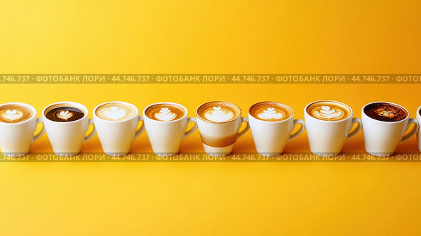 Various hot coffees in ceramic cups lined up on a yellow background. Стоковое AI-изображение, AI-художник Veniamin Kraskov / Фотобанк Лори