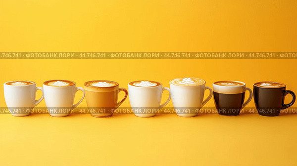 Various hot coffees in ceramic cups lined up on a yellow background. Стоковое AI-изображение, AI-художник Veniamin Kraskov / Фотобанк Лори