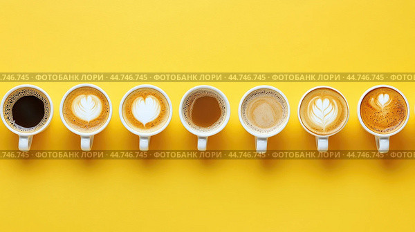 Various hot coffees in ceramic cups lined up on a yellow background. Стоковое AI-изображение, AI-художник Veniamin Kraskov / Фотобанк Лори