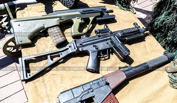 Various russian firearms, assault rifles. Different samples of russian small arms (2024 год). Редакционное фото, фотограф FotograFF / Фотобанк Лори