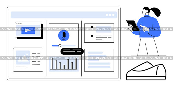 Various widgets on a screen include video, microphone, and chart, while a person stands with a tablet. Ideal for digital content creation, project management, analytics, web development, software UI. Screen display with multiple widgets and person using a tablet for digital content management. Стоковая иллюстрация, агентство Ingram Publishing / Фотобанк Лори