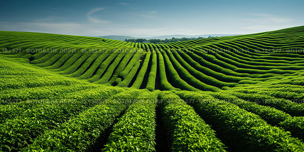 Vast green plantations on the slopes of gentle hills on a summer day. A desktop screensaver. Стоковое AI-изображение, AI-художник Ярославский Максим / Фотобанк Лори