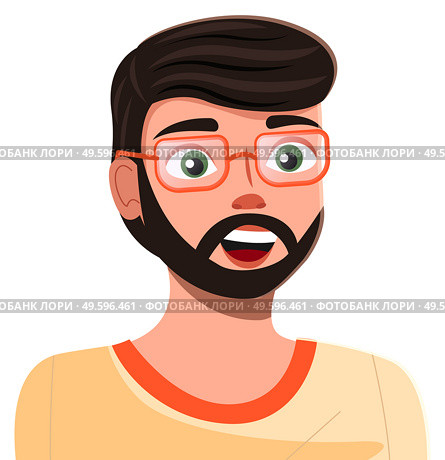 Vector cartoon character. Avatar of young bearded man wearing eyeglasses in yellow t-shirt. Isolated at white portrait of happy cheerful guy, programmer or coder, profile user. Handsome man icon. Isolated at white portrait of happy cheerful guy, bearded man, programmer or coder, profile user. Стоковая иллюстрация, агентство Ingram Publishing / Фотобанк Лори