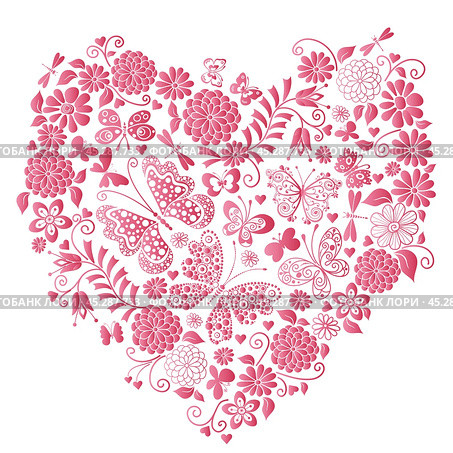 Vector decorative spring rose gradient frame with floral heart. Стоковая иллюстрация, иллюстратор Ольга Дроздова / Фотобанк Лори