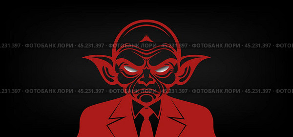 Vector graphic red portrait of a sullen evil goblin wearing a suit, tie and empty white eyes. Black isolated background. Стоковая иллюстрация, иллюстратор GAlexS / Фотобанк Лори
