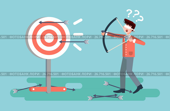 Vector illustration businessman hits target unsuccessful shot from bow regression wrong solution business failure marketing unachievable unlucky idea non-progress loss start-up in flat style. Стоковая иллюстрация, иллюстратор Maryna Bolsunova / Фотобанк Лори