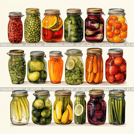 Vector illustration of a set of jams, blanks, canned food. Farmer, natural homemade food. Generated by AI. Стоковое AI-изображение, AI-художник Ярославский Максим / Фотобанк Лори