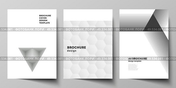Vector layout of A4 format modern cover mockups design templates for brochure, magazine, flyer, booklet, annual report. Abstract geometric triangle design background using triangular style patterns.. Vector layout of A4 format modern cover mockups design templates for brochure, magazine, flyer, booklet, report. Abstract geometric triangle design background using different triangular style patterns. Стоковая иллюстрация, агентство Ingram Publishing / Фотобанк Лори