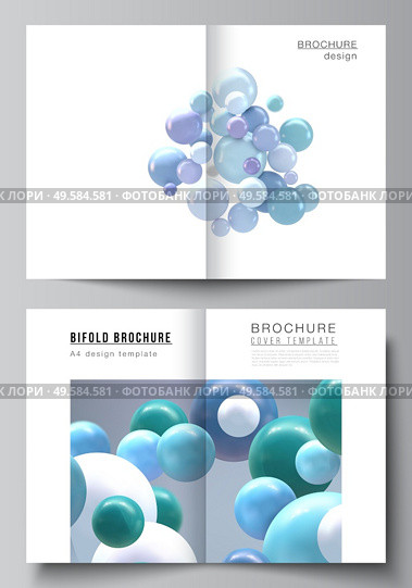 Vector layout of two A4 cover mockups template for bifold brochure, flyer, magazine, cover design, book design, brochure cover. Realistic vector background with multicolored 3d spheres, bubbles, balls.. Vector layout of two A4 cover mockups template for bifold brochure, flyer, magazine, cover design, book design, brochure cover. Realistic vector background with multicolored 3d spheres, bubbles, balls. Стоковая иллюстрация, агентство Ingram Publishing / Фотобанк Лори