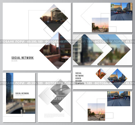 Vector layouts of modern social network mockups in popular formats with geometric simple shapes, lines and photo place for cover design, website design, website backgrounds or advertising mockups. Vector layouts of modern social network mockups in popular formats with geometric simple shapes, lines and photo place for cover design, website design, website backgrounds or advertising mockups. Стоковая иллюстрация, агентство Ingram Publishing / Фотобанк Лори