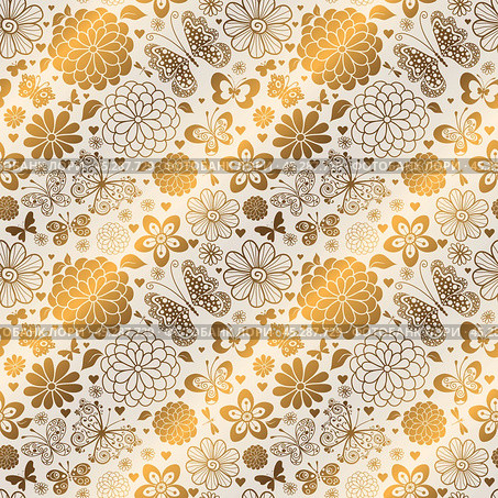 Vector seamless spring golden gradient diagonal pattern with hearts and flowers and butterflies. Стоковая иллюстрация, иллюстратор Ольга Дроздова / Фотобанк Лори