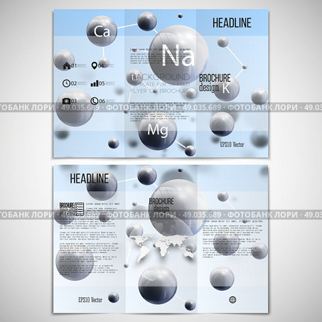 Vector set of tri-fold brochure design template on both sides with world globe element. Three dimensional glowing spheres, blue background. Abstract molecule metals. Scientific background. Стоковая иллюстрация, агентство Ingram Publishing / Фотобанк Лори