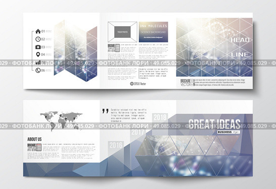 Vector set of tri-fold brochures, square design templates with element of world map. DNA molecule structure on a blue background. Science vector background. Стоковая иллюстрация, агентство Ingram Publishing / Фотобанк Лори