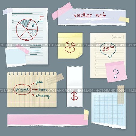 Vector Set Office Paper. Folded Pages with Charts. Vector set of office paper. Folded paper with charts, grunge old paper with heart, ragged sheets of paper, blank squared and lined notepad pages. Paper from note book. Illustration in flat style design. Стоковая иллюстрация, агентство Ingram Publishing / Фотобанк Лори