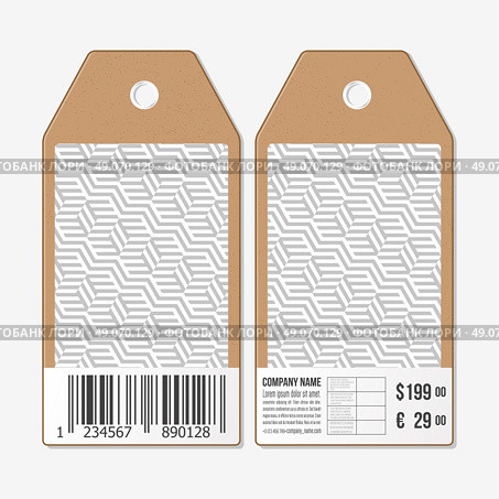 Vector tags design on both sides, cardboard sale labels with barcode. Recurring cubes on background. Geometric pattern. Simple abstract monochrome texture. Стоковая иллюстрация, агентство Ingram Publishing / Фотобанк Лори