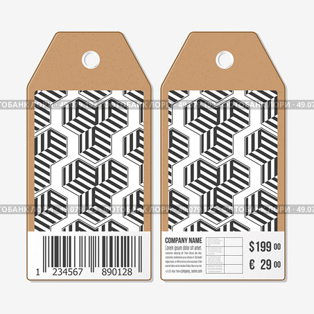 Vector tags design on both sides, cardboard sale labels with barcode. Recurring cubes on background. Geometric pattern. Simple abstract monochrome texture. Стоковая иллюстрация, агентство Ingram Publishing / Фотобанк Лори