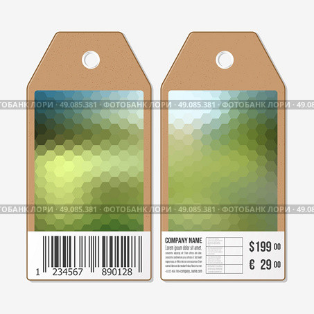 Vector tags design on both sides, cardboard sale labels with barcode. Polygonal design vector, colorful geometric hexagonal backgrounds. Стоковая иллюстрация, агентство Ingram Publishing / Фотобанк Лори